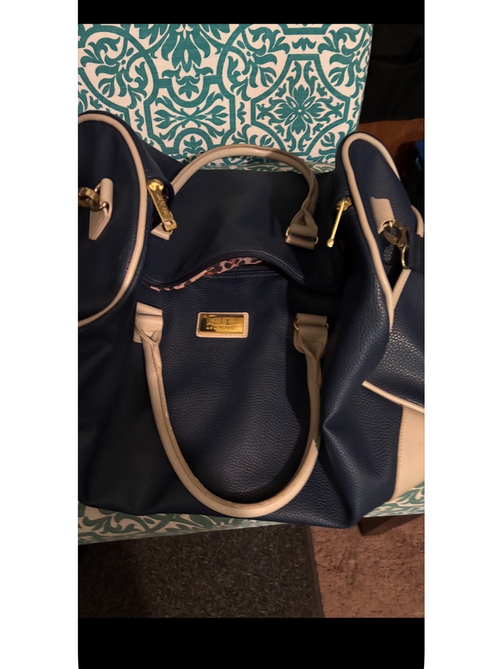 Navy and Cream Structured Tote Bag with Gold Hardware